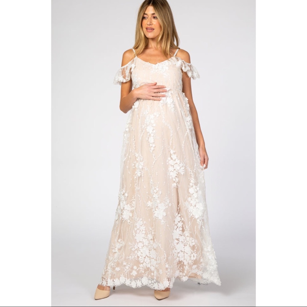 NWOT PINKBLUSH Ivory Floral Embroidered Mesh Maternity Evening Gown